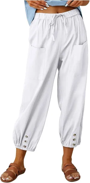 Women Linen Summer Boho Pant Trousers Low Waist Stretchy Plus Size Trouser Business Work