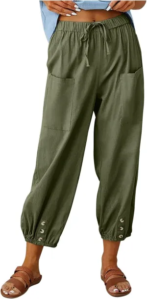 Women Linen Summer Boho Pant Trousers Low Waist Stretchy Plus Size Trouser Business Work