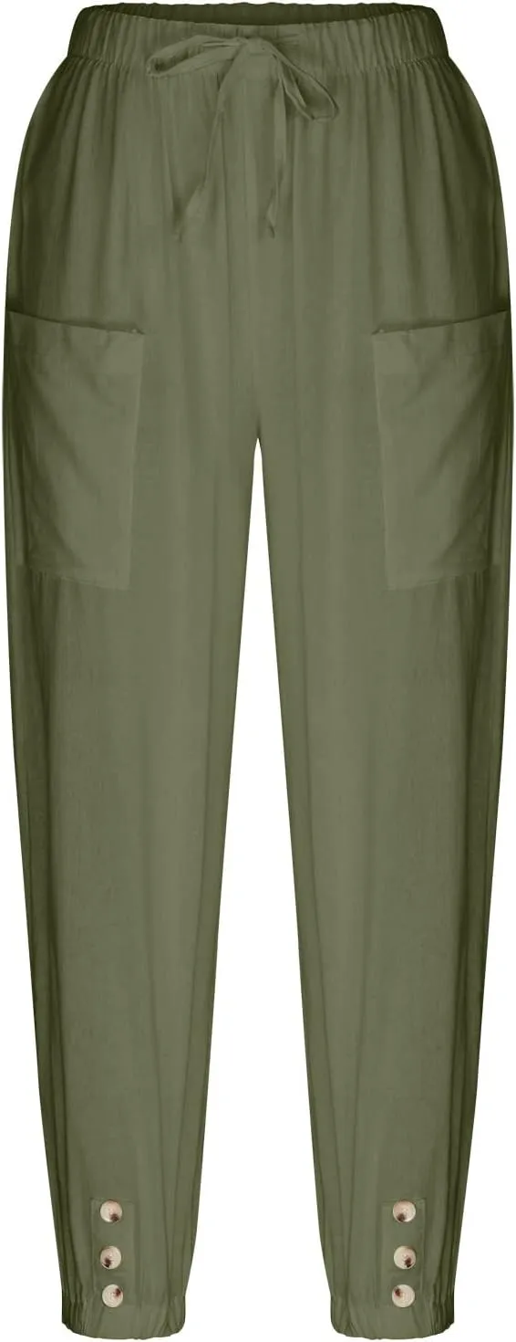 Women Linen Summer Boho Pant Trousers Low Waist Stretchy Plus Size Trouser Business Work