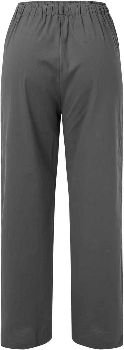 Women Linen Summer Breathable Pants High Waist Stretchy Slim-Fit Palazzo Lounge Pants Work Business