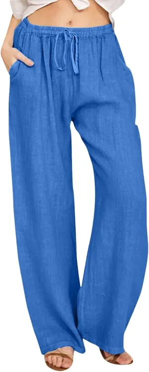 Women Linen Summer Breathable Pants High Waist Stretchy Slim-Fit Palazzo Lounge Pants Work Business