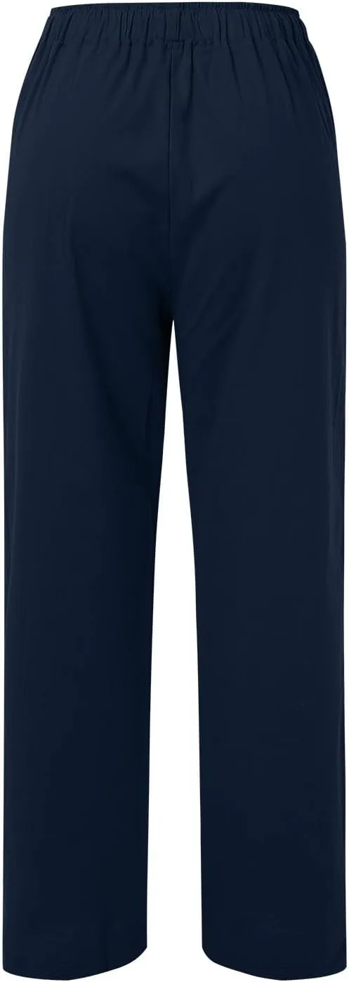 Women Linen Summer Breathable Pants High Waist Stretchy Slim-Fit Palazzo Lounge Pants Work Business