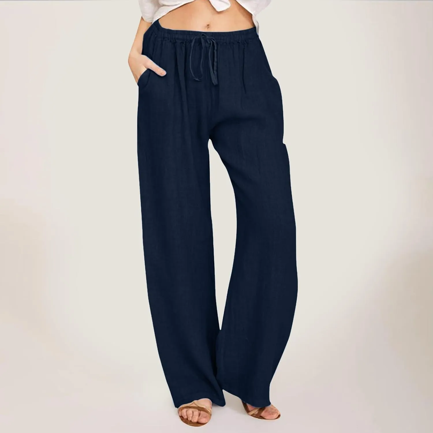 Women Linen Summer Breathable Pants High Waist Stretchy Slim-Fit Palazzo Lounge Pants Work Business