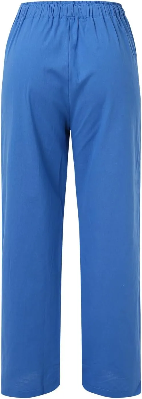 Women Linen Summer Breathable Pants High Waist Stretchy Slim-Fit Palazzo Lounge Pants Work Business