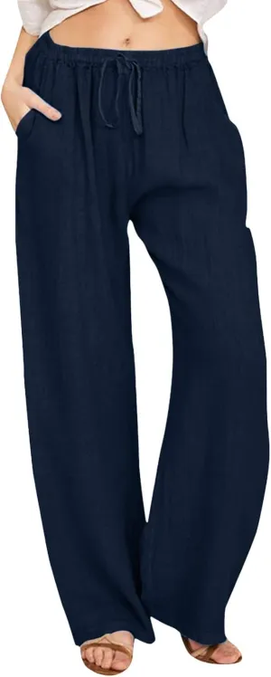 Women Linen Summer Breathable Pants High Waist Stretchy Slim-Fit Palazzo Lounge Pants Work Business
