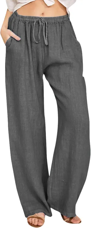 Women Linen Summer Breathable Pants High Waist Stretchy Slim-Fit Palazzo Lounge Pants Work Business