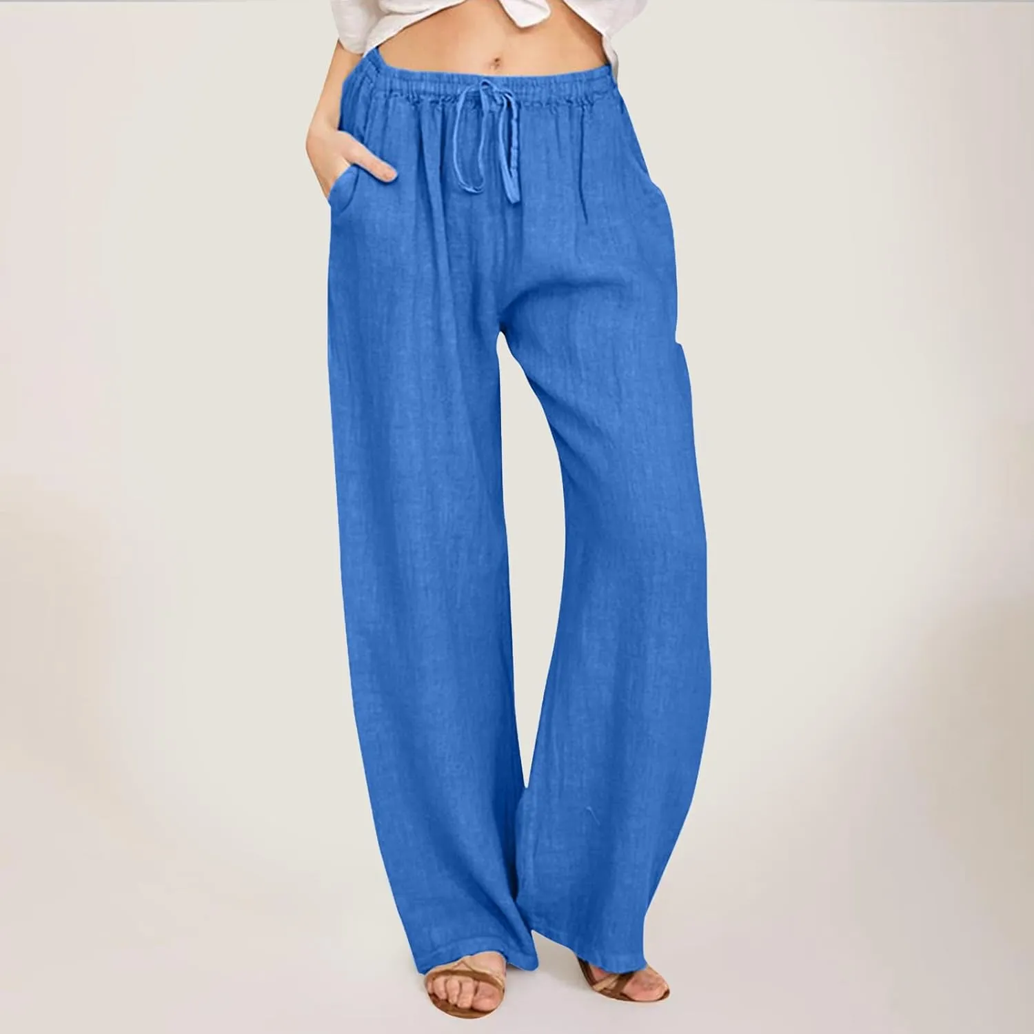 Women Linen Summer Breathable Pants High Waist Stretchy Slim-Fit Palazzo Lounge Pants Work Business