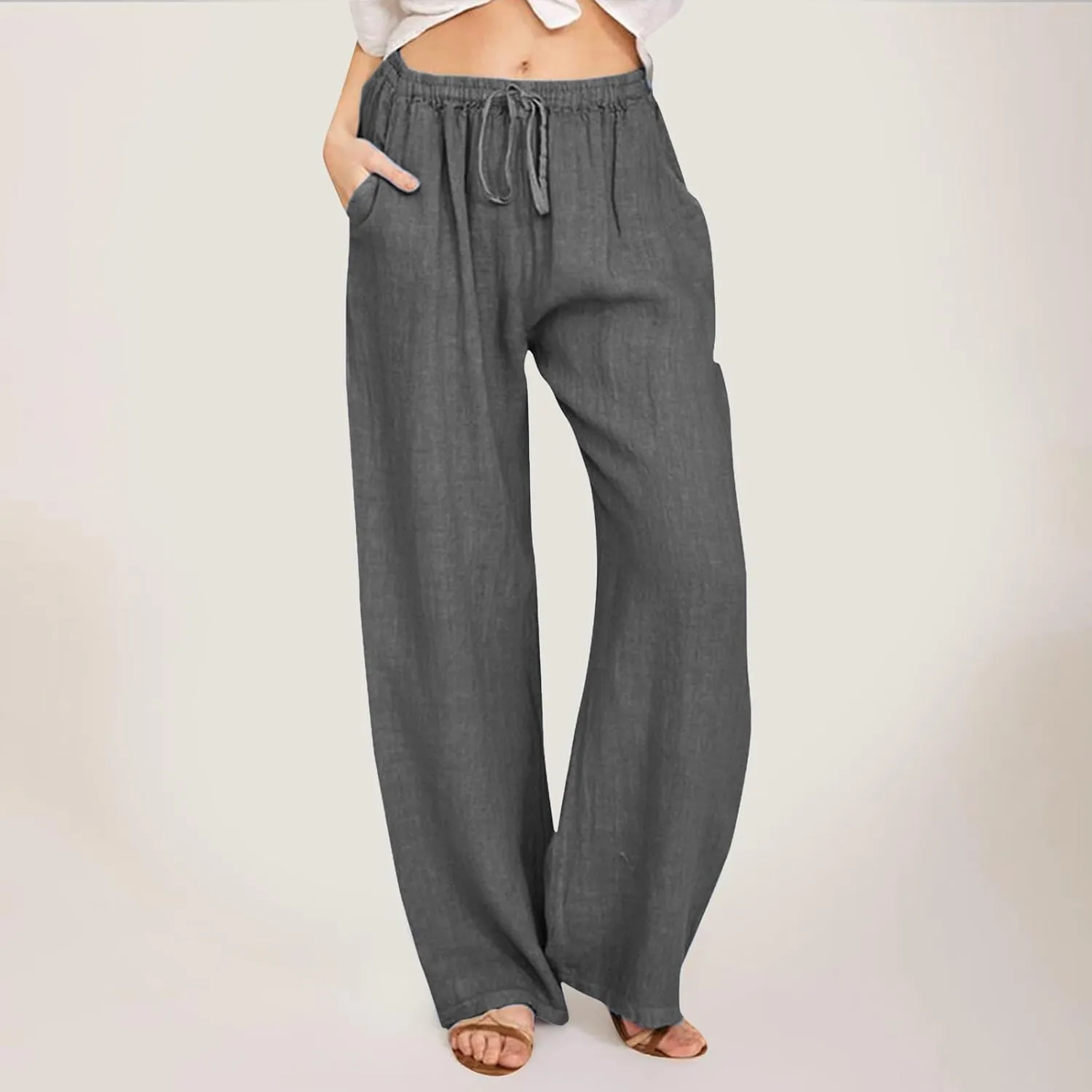 Women Linen Summer Breathable Pants High Waist Stretchy Slim-Fit Palazzo Lounge Pants Work Business