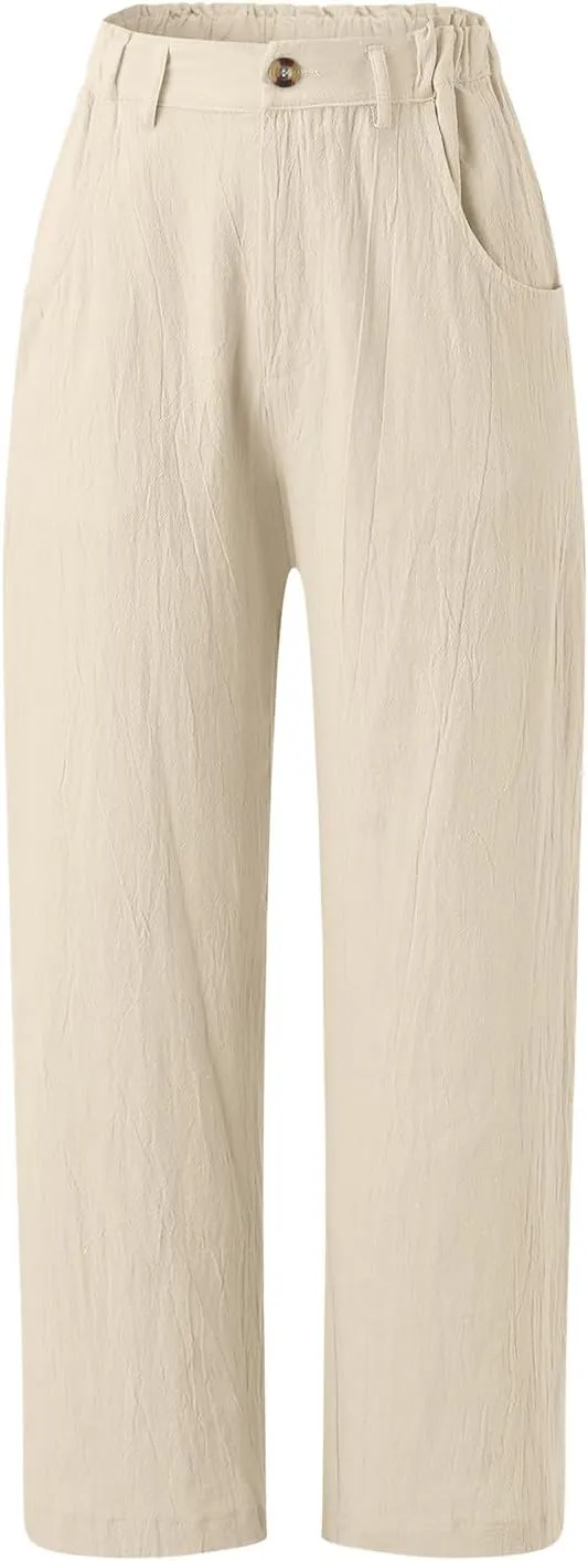 Women Linen Summer Drawstring Palazzo Lounge Pants High Waist Stretchy Slim Fit Trousers Work Business