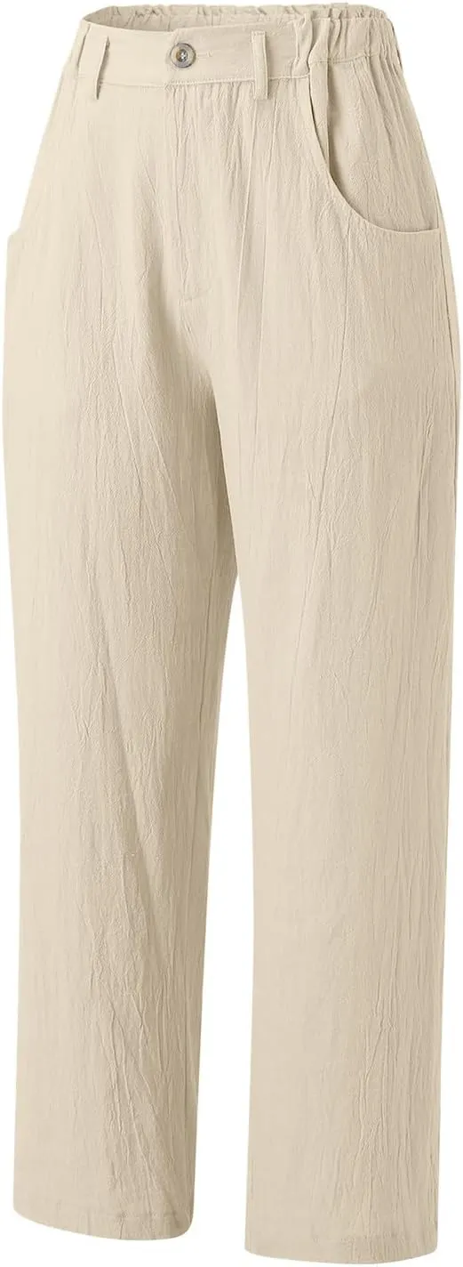 Women Linen Summer Drawstring Palazzo Lounge Pants High Waist Stretchy Slim Fit Trousers Work Business