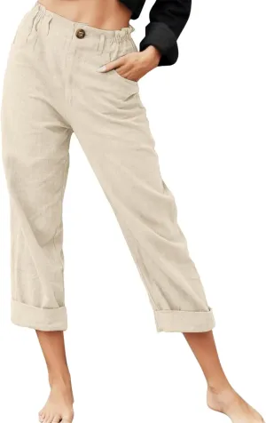 Women Linen Summer Drawstring Palazzo Lounge Pants High Waist Stretchy Slim Fit Trousers Work Business
