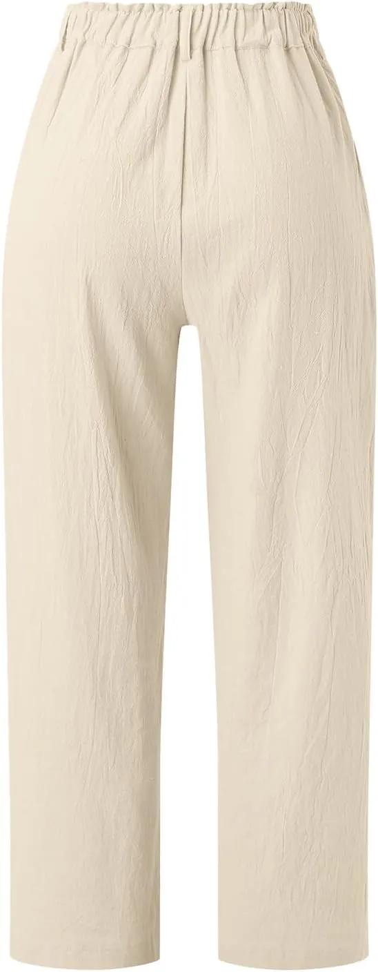 Women Linen Summer Drawstring Palazzo Lounge Pants High Waist Stretchy Slim Fit Trousers Work Business