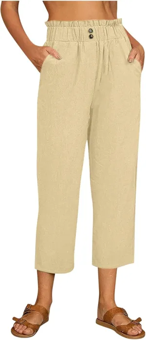 Women Linen Summer Floral Pants Low Waist Stretchy Plus Size Palazzo Lounge Pants Travel