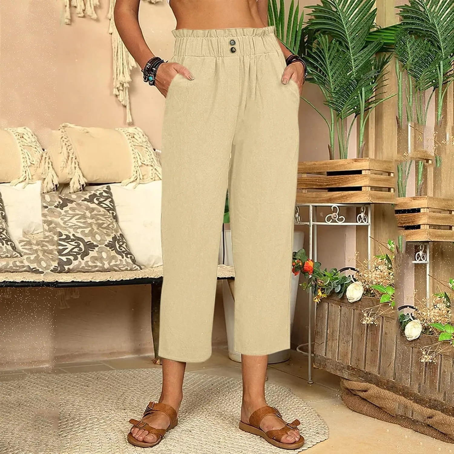 Women Linen Summer Floral Pants Low Waist Stretchy Plus Size Palazzo Lounge Pants Travel