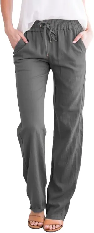 Women Linen Summer Loose Flowy Palazzo Pants Low Waist Baggy Stretchy Slim Fit Pants Trendy