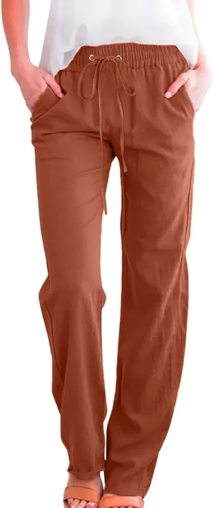 Women Linen Summer Loose Flowy Palazzo Pants Low Waist Baggy Stretchy Slim Fit Pants Trendy