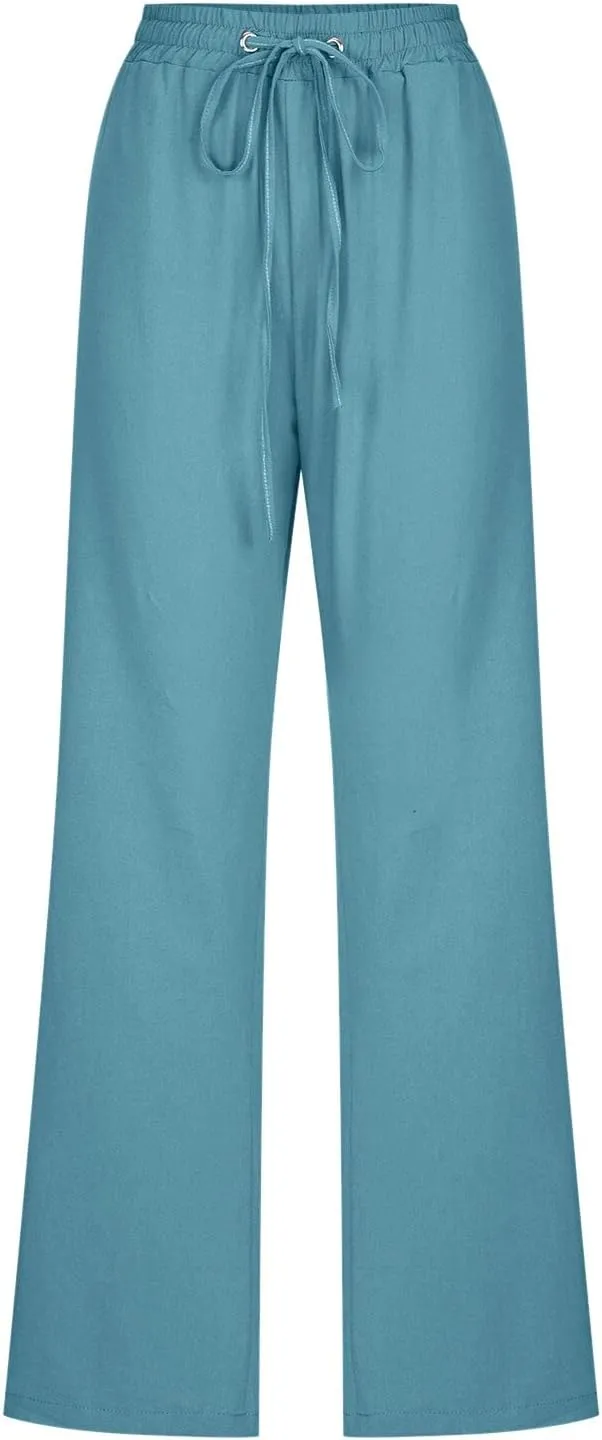 Women Linen Summer Loose Flowy Palazzo Pants Low Waist Baggy Stretchy Slim Fit Pants Trendy