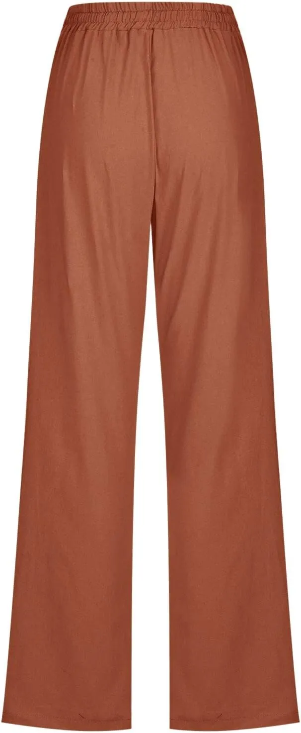 Women Linen Summer Loose Flowy Palazzo Pants Low Waist Baggy Stretchy Slim Fit Pants Trendy