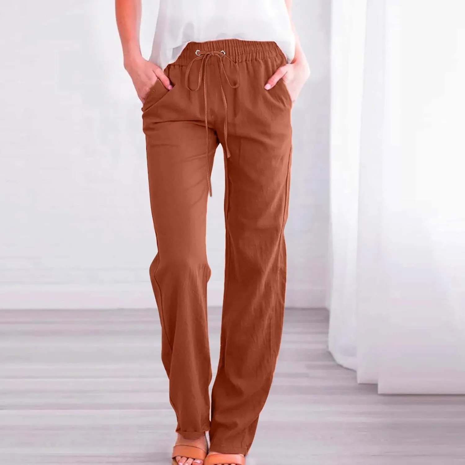 Women Linen Summer Loose Flowy Palazzo Pants Low Waist Baggy Stretchy Slim Fit Pants Trendy