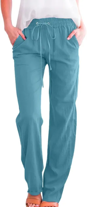 Women Linen Summer Loose Flowy Palazzo Pants Low Waist Baggy Stretchy Slim Fit Pants Trendy