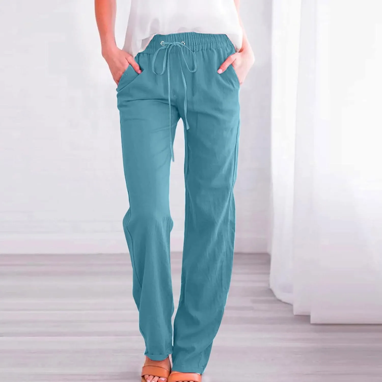Women Linen Summer Loose Flowy Palazzo Pants Low Waist Baggy Stretchy Slim Fit Pants Trendy