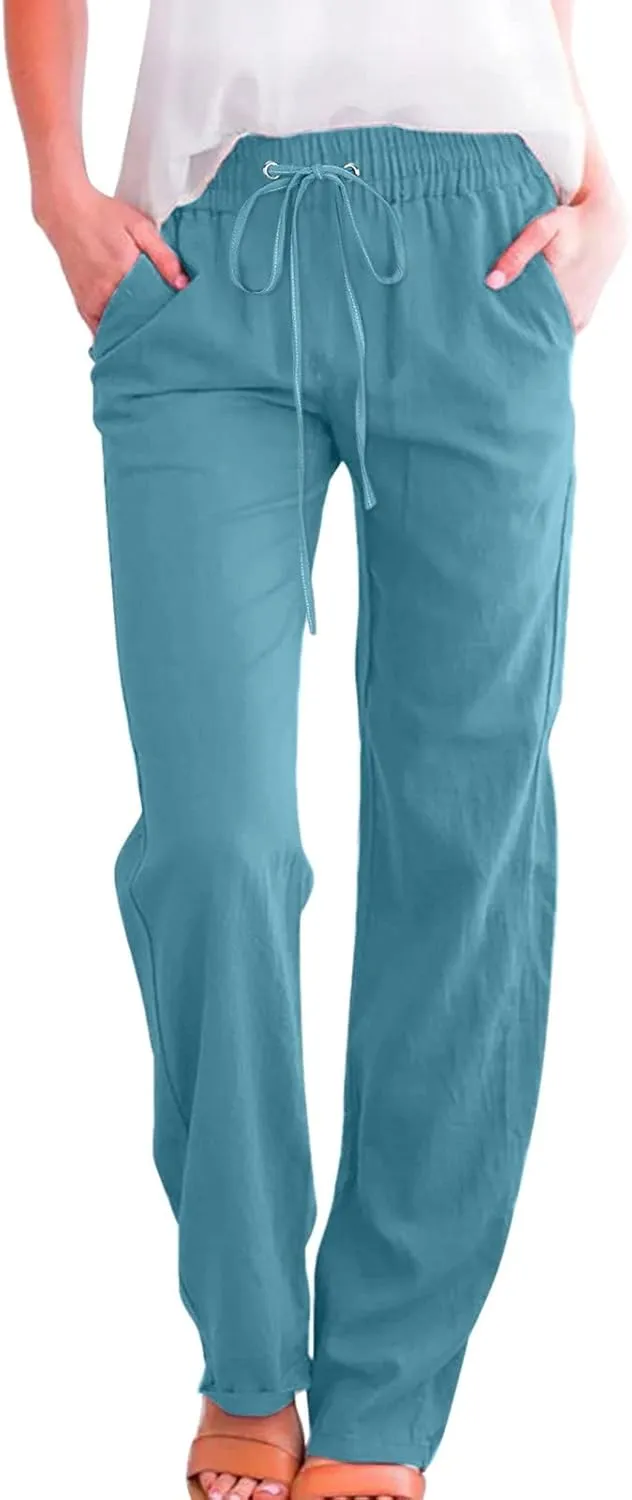 Women Linen Summer Loose Flowy Palazzo Pants Low Waist Baggy Stretchy Slim Fit Pants Trendy