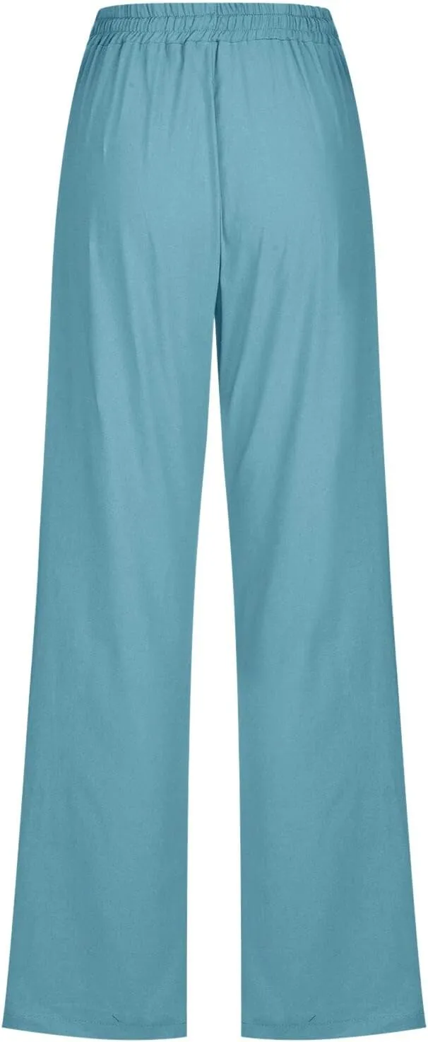 Women Linen Summer Loose Flowy Palazzo Pants Low Waist Baggy Stretchy Slim Fit Pants Trendy
