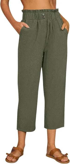 Women Linen Summer Loose Pants High Waist Stretchy Straight Loose Fit Trousers Business Work