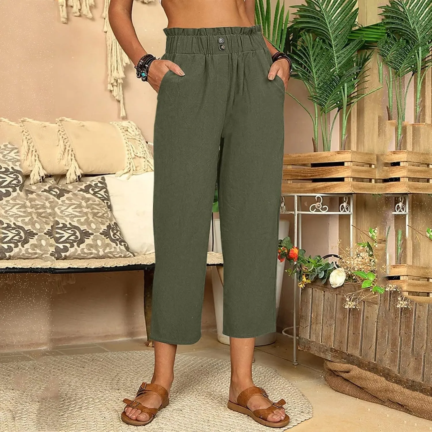 Women Linen Summer Loose Pants High Waist Stretchy Straight Loose Fit Trousers Business Work
