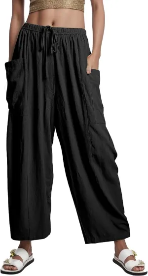 Women Linen Summer Y2K Fashion Pant Trousers Low Waist Stretchy Straight Plus Size Trouser Vacation