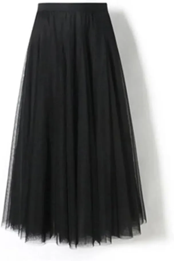 Women Pleated Midi Skirt Ladies Elastic High Waist Beach Tulle Skirts Mesh Skirt Teenage Girls A-Line Skirts