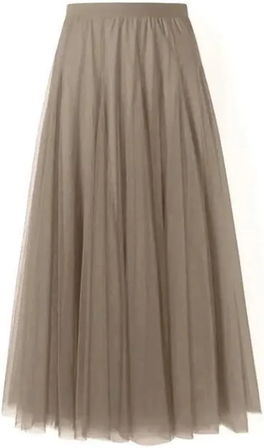 Women Pleated Midi Skirt Ladies Elastic High Waist Beach Tulle Skirts Mesh Skirt Teenage Girls A-Line Skirts