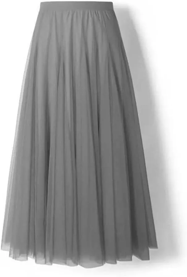 Women Pleated Midi Skirt Ladies Elastic High Waist Beach Tulle Skirts Mesh Skirt Teenage Girls A-Line Skirts