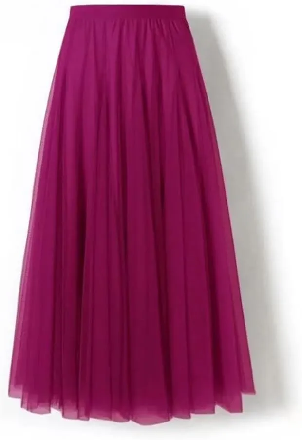 Women Pleated Midi Skirt Ladies Elastic High Waist Beach Tulle Skirts Mesh Skirt Teenage Girls A-Line Skirts