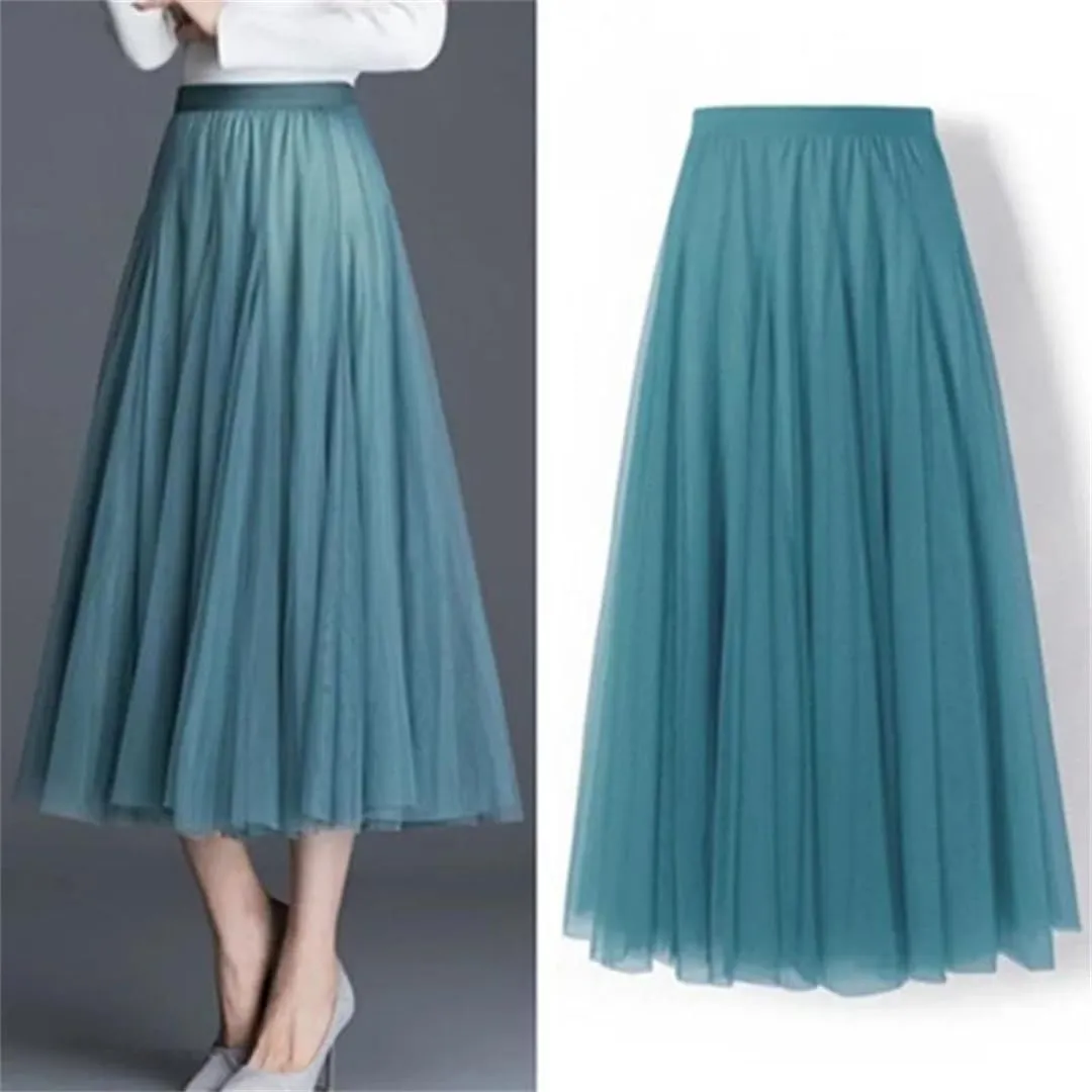 Women Pleated Midi Skirt Ladies Elastic High Waist Beach Tulle Skirts Mesh Skirt Teenage Girls A-Line Skirts