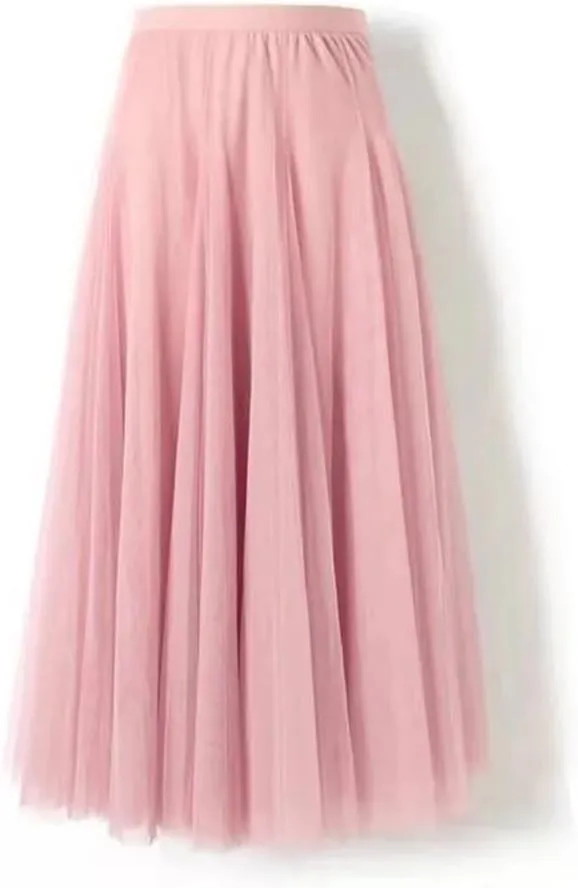 Women Pleated Midi Skirt Ladies Elastic High Waist Beach Tulle Skirts Mesh Skirt Teenage Girls A-Line Skirts