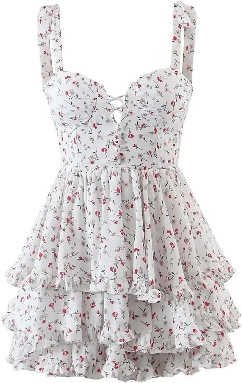 Women Print Chiffon Spaghetti Strap Mini Dress Ruffle A-Line Holiday Party Short Dresses