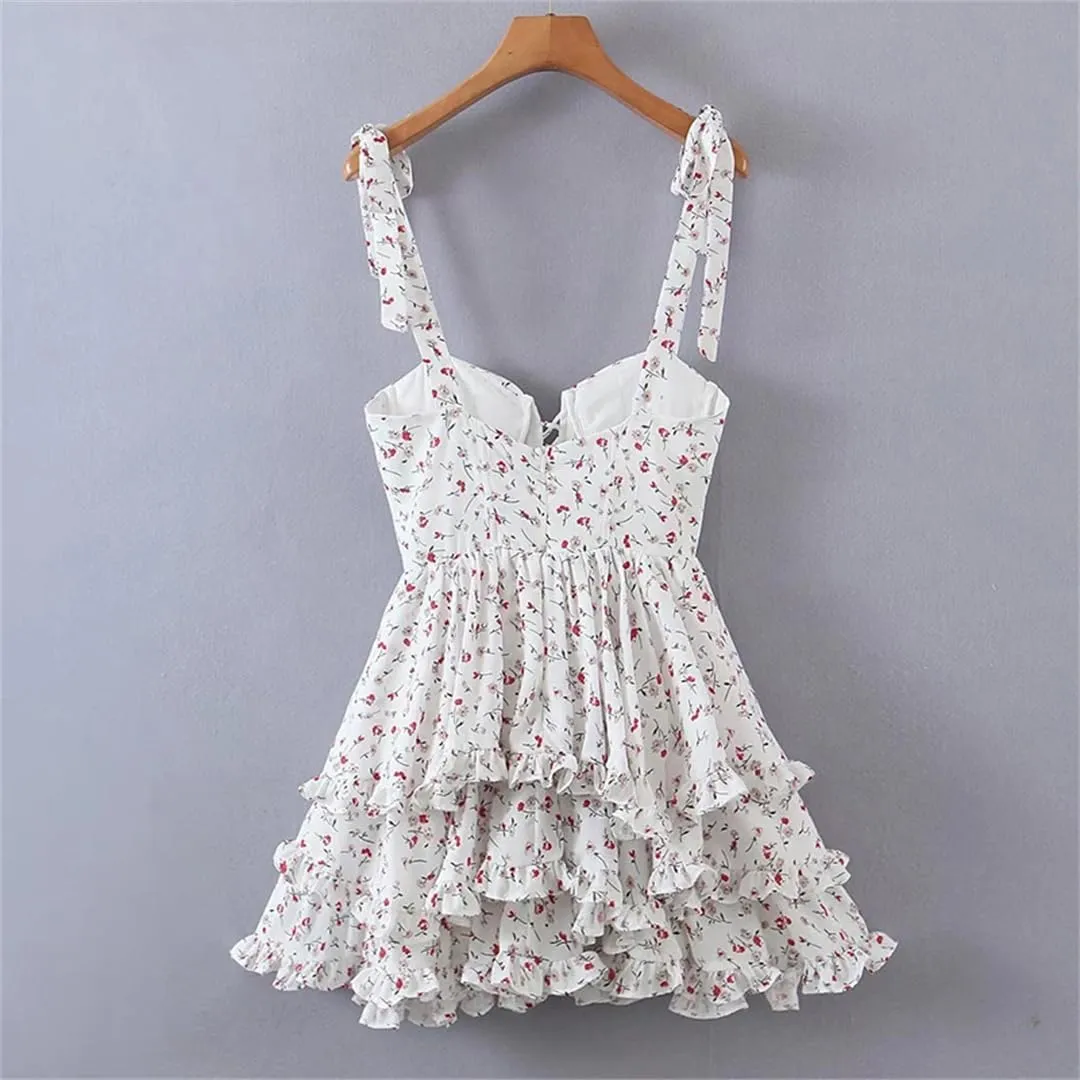 Women Print Chiffon Spaghetti Strap Mini Dress Ruffle A-Line Holiday Party Short Dresses