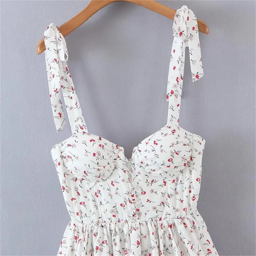 Women Print Chiffon Spaghetti Strap Mini Dress Ruffle A-Line Holiday Party Short Dresses