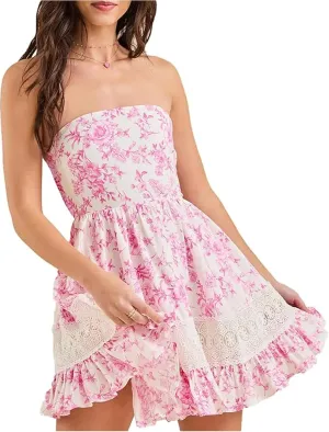 Women Sexy Strapless Ruched Tube Mini Dress Sleeveless Backless Off Shoulder Flowy Ruffle A-Line Dress