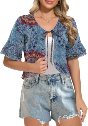 Women Shrug Chiffon Bolero Ruffle Short Sleeve Summer Tie Front Sheer Cardigans for Dresses
