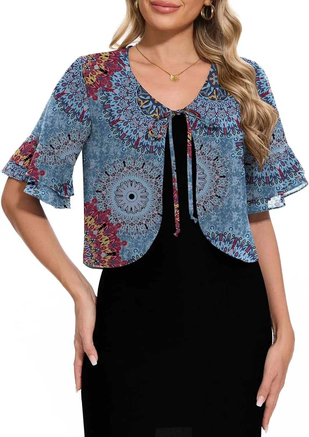 Women Shrug Chiffon Bolero Ruffle Short Sleeve Summer Tie Front Sheer Cardigans for Dresses