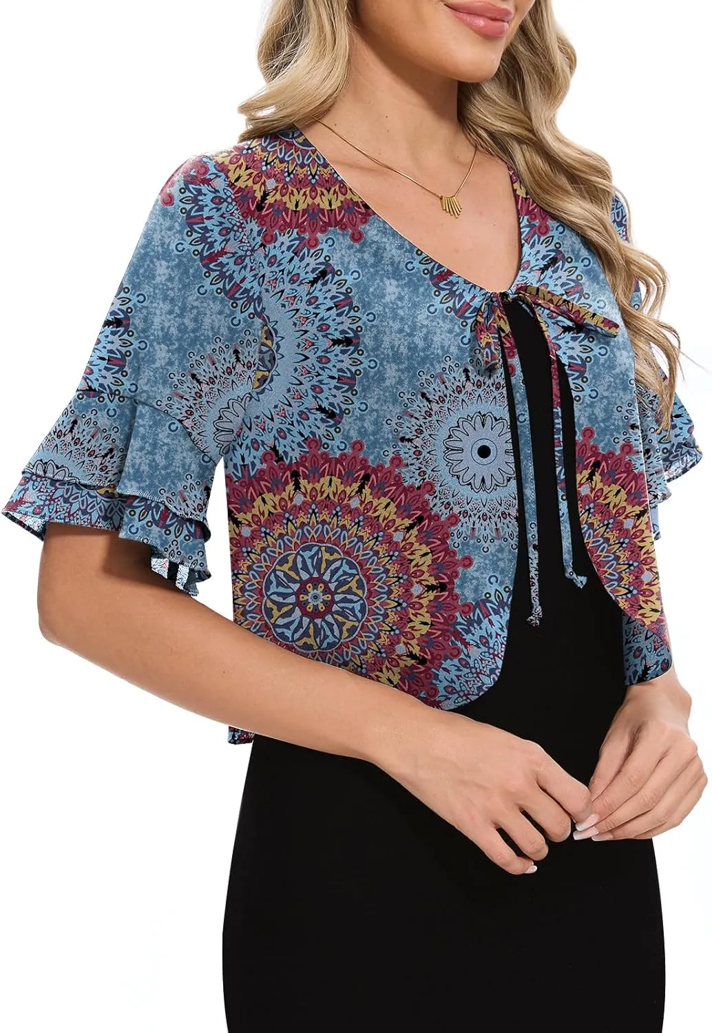 Women Shrug Chiffon Bolero Ruffle Short Sleeve Summer Tie Front Sheer Cardigans for Dresses