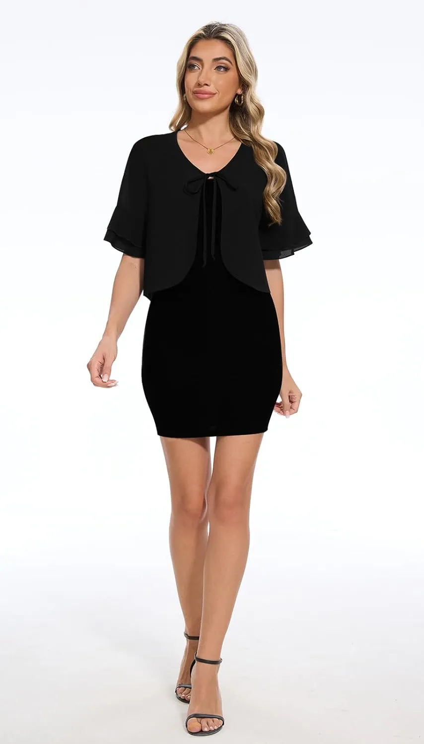 Women Shrug Chiffon Bolero Ruffle Short Sleeve Summer Tie Front Sheer Cardigans for Dresses