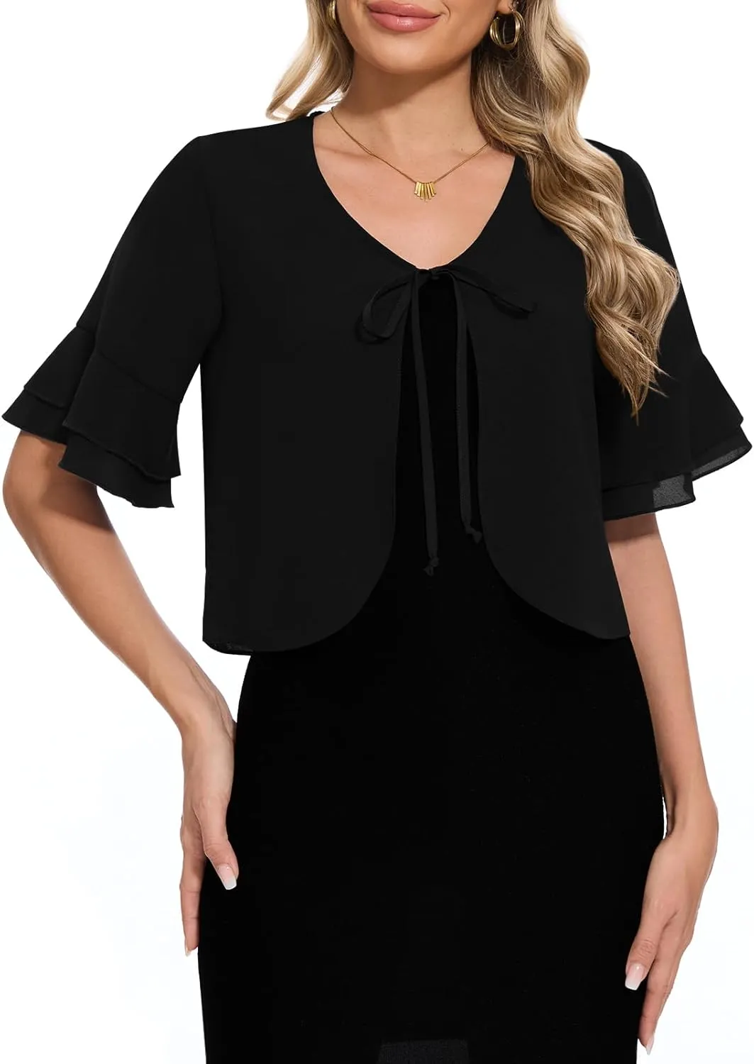 Women Shrug Chiffon Bolero Ruffle Short Sleeve Summer Tie Front Sheer Cardigans for Dresses