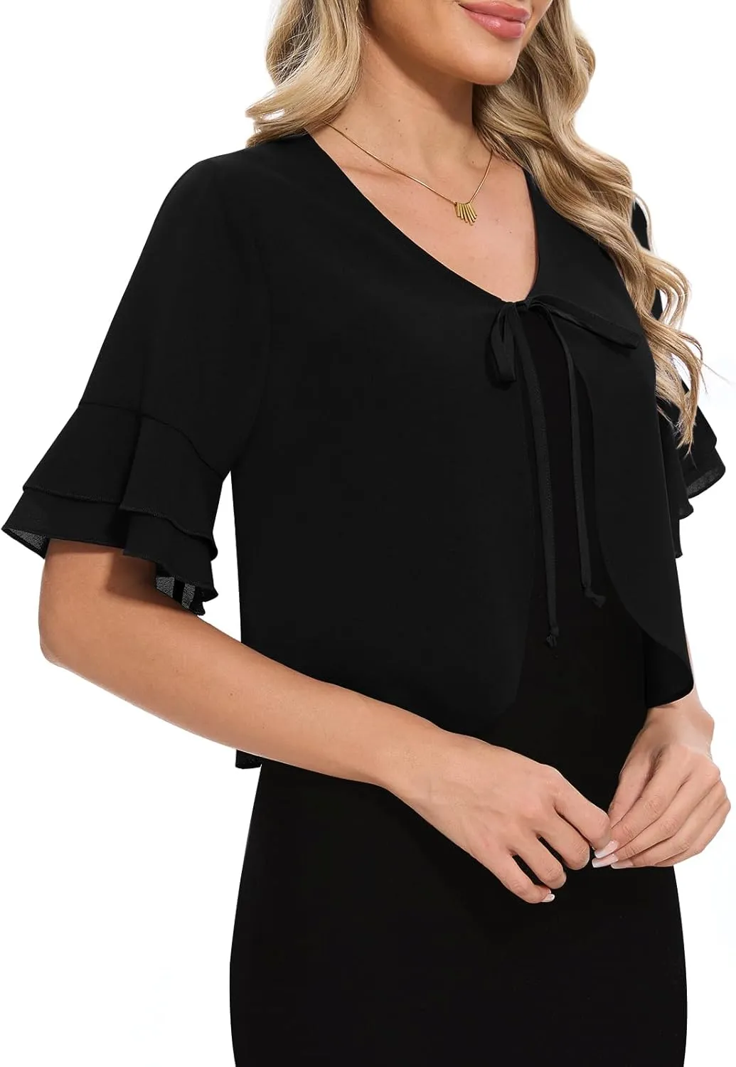 Women Shrug Chiffon Bolero Ruffle Short Sleeve Summer Tie Front Sheer Cardigans for Dresses