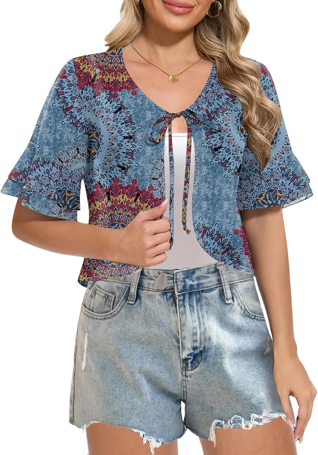 Women Shrug Chiffon Bolero Ruffle Short Sleeve Summer Tie Front Sheer Cardigans for Dresses