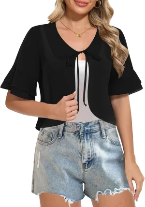 Women Shrug Chiffon Bolero Ruffle Short Sleeve Summer Tie Front Sheer Cardigans for Dresses