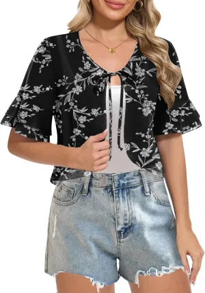 Women Shrug Chiffon Bolero Ruffle Short Sleeve Summer Tie Front Sheer Cardigans for Dresses