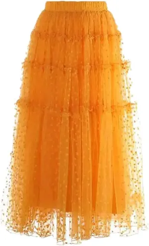Women Solid Tulle Midi Skirt High Waisted Mesh Splicing Large Swing Skirts Casual A-Line Skirts Orange XL